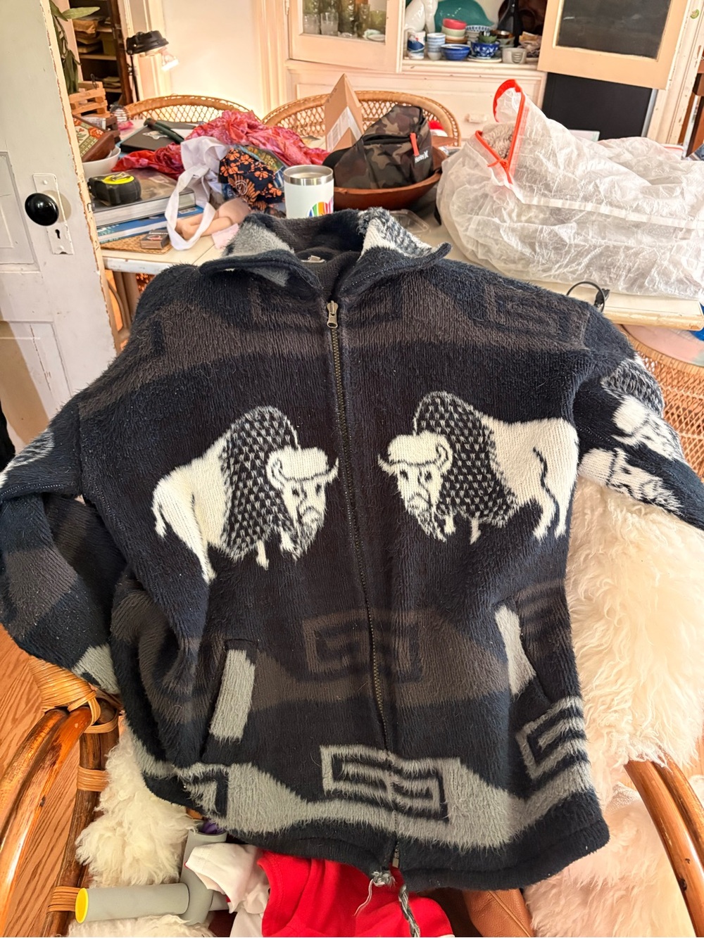 Men's Black & Gray Buffalo Pattern Zip-Up Sweater Jacket